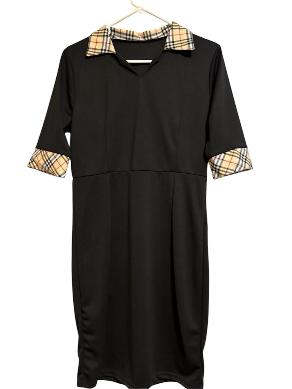Black Dress with Plaid Collar and Cuff Detail